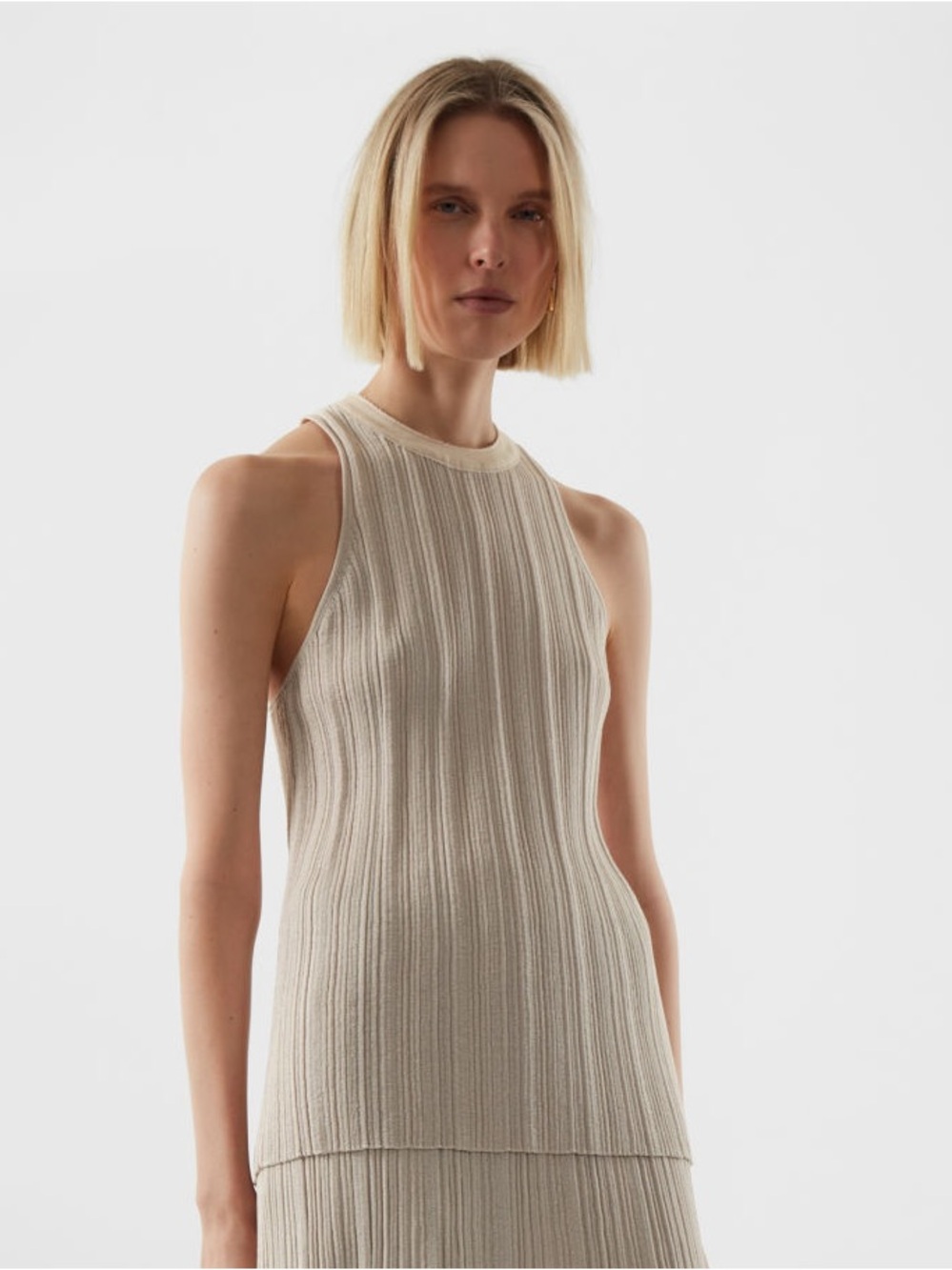 COS Slim-Fit Pleated Vest Gauze Knit Tank Top in Taupe Beige, Size M